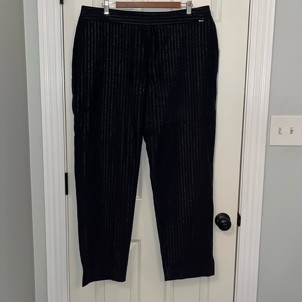 St John Women's Emma Black Striped Pants Sz 16 Side Zipper Shiny Contrast Career